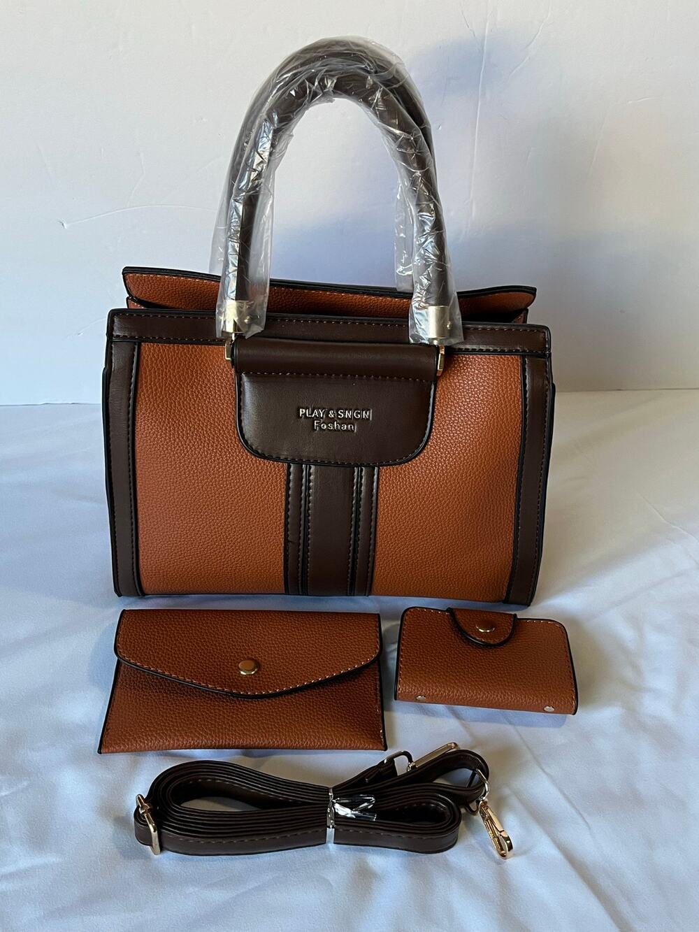 New Brown Faux Leather Satchel Tote Handbag Crossbody Purse Wallet 3 Pc Set